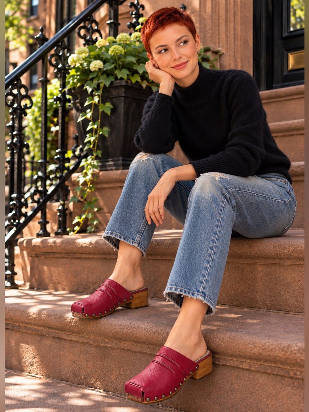 Free People Ruby Platform Clogs Burgundy Leather Wood Mules Size 7